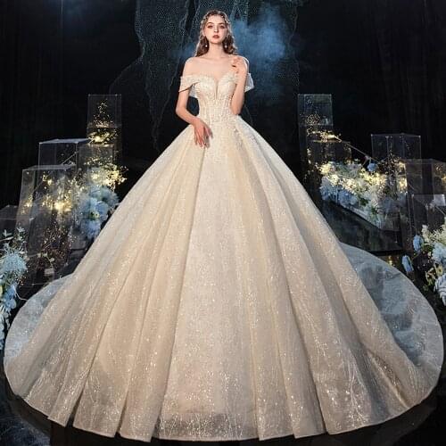 Off The Shoulder Short Sleeve Sweetheart Neck Lace Flowers Shiny Beaded Crystal Sequined Princess Ball Gown Wedding Dresses