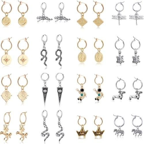 1Pair Trendy Punk Triangle Snake Maria Hoop Earrings For Women Cute Animals Geometric Unicorn Anchor Small Ear Stud Jewelry