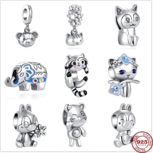925 Sterling Silver Cute Dog Red Panda Mimi Bunny Squirrel Charm bead Fit Original Pandora Bracelet DIY Jewelry For Women Kids