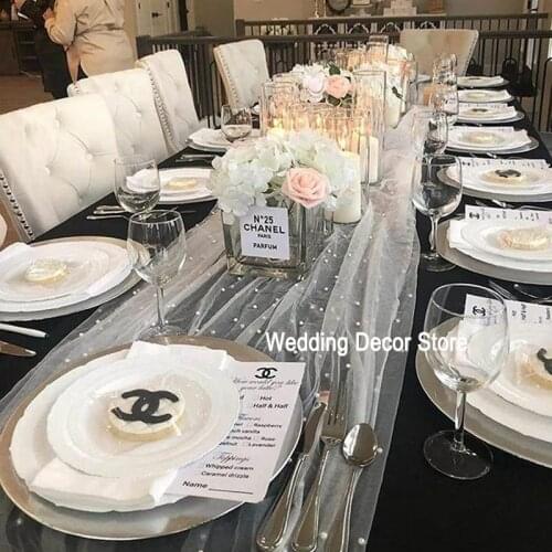 White Pearl Tulle Roll Net Fabric Wedding Decoration Table Runner Cloth Overlay Birthday Party Baby Shower