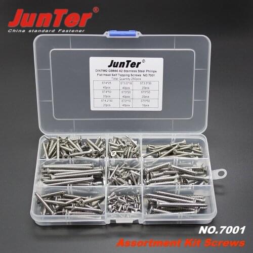 High-quality 250pcs DIN7982 A2 Stainless Steel Screws Phillips Flat Head Self Tapping Screws Assortment Kit NO.7001