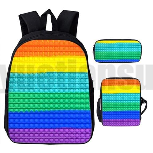 3 Pcs/Set Funny Game 3D Print Rainbow Color Push Bubble Pop It Bag Backpack Anime Teenager Laptop Book Bag Pop Fidget Schoolbags