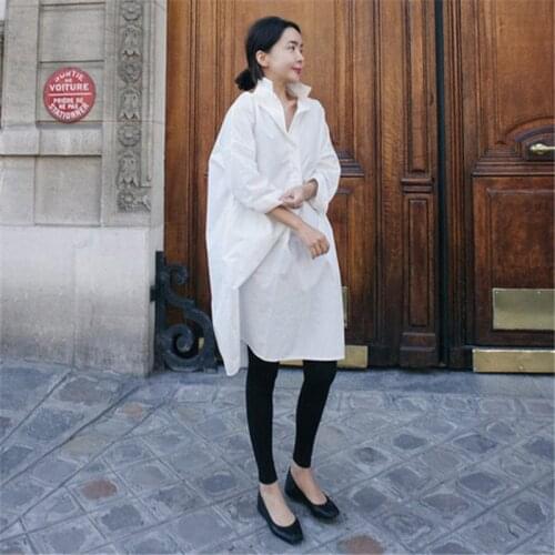 Johnature 2021 New Korean Long Womens Tops And Blouses Autumn Casual Loose Solid Color Turn-down Collar Irregular Female Shirts