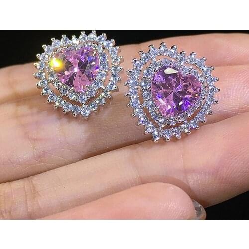 Huitan Love Stud Earrings for Women Pink Color Cubic Zirconia Brilliant Princess Cute Gift Statement Silver Color Heart Earrings
