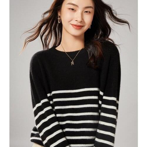 Hot Sale Striped Sweaters for Woman 100% Pure Merino Wool Knitted Jumpers Ladies Oneck Long Sleeve Standard Pullovers