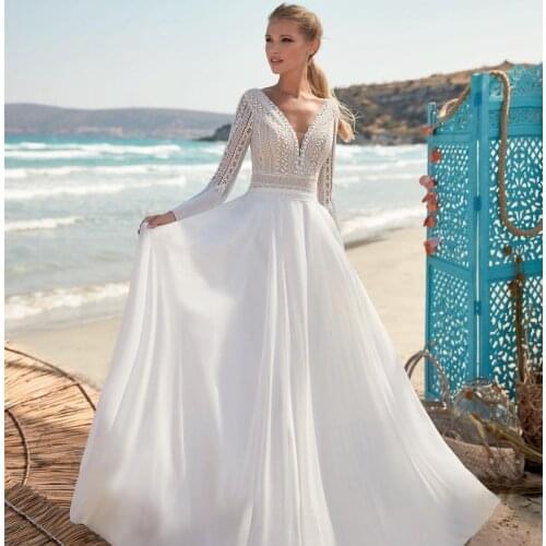 Boho Bohemian Bridal Gown Lace V-Neck Floor length Long Sleeve Chiffon Simple Beach Vintage For Women Brides vestido de noiva