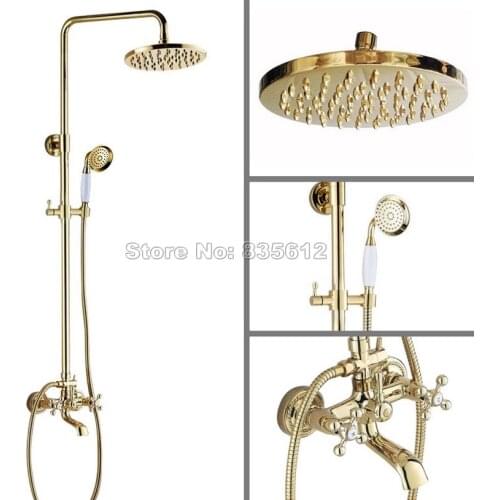 Gold Color Brass Wall Mounted Rain Shower Faucet Set W/ Bathroom Dual Handles Bathtub Mixer Tap + Handheld Shower Head Wgf352