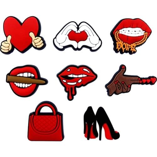 10PCS Sexy Lip Icon Shoes Charms Silicone Accessories For Croc Hole Slipper Decor Red Heart Buckles Lady Women Party Gitfs