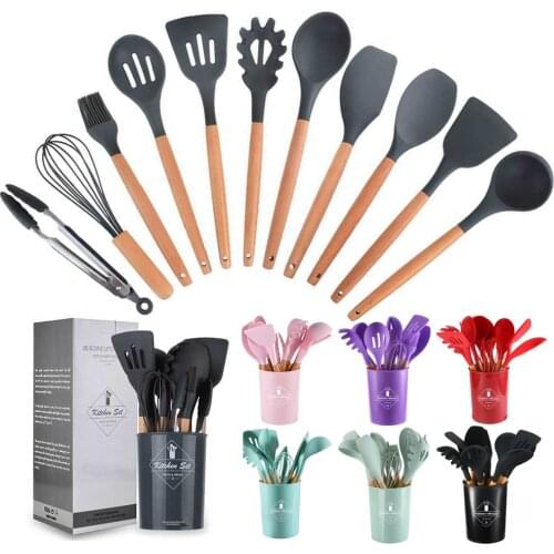 12pcs Set Nonstick Cooking Spoon Soup Ladle Turner Pancake Spatula Tong Cookware Colorful Silicone Wooden Kitchen Utensils Set