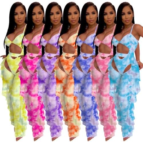 2021Sexy 2 Pice Set Print Tie Dye Swimsuit Bikini Bodysuit + Long Pants Sheer Mesh Women Beach Holiday Clothes Outfit