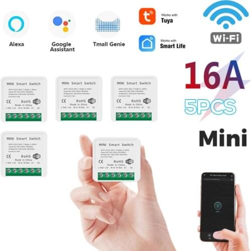 5PCS 16A Mini Smart Wifi DIY Switch Supports 2 Way Control Smart Home Universal Switch Works With Alexa Google Home