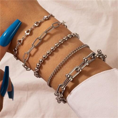 5pcs/lot Mix Chain Bracelet Geometric Simple Silver Color Couple Bracelet Set Women Charm Easy Hook Bangle Punk Hiphop Jewelry