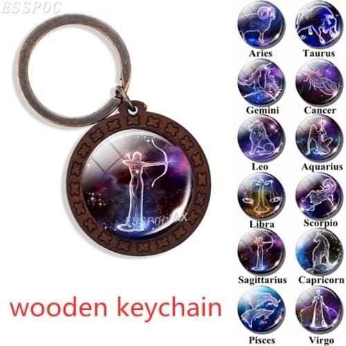 Twelve Constellations Keychain Retro Wooden Car Keychain 12 Zodiac Signs Keyrings Birthday Gift