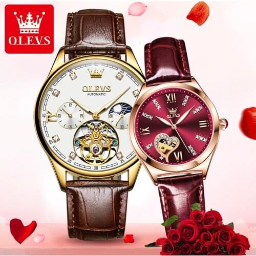 OLEVS Couple Watch Mechanical Automatic Fashion Business Leather Hollow Fashion Sports Valentines Day Gift Mechanical Watch