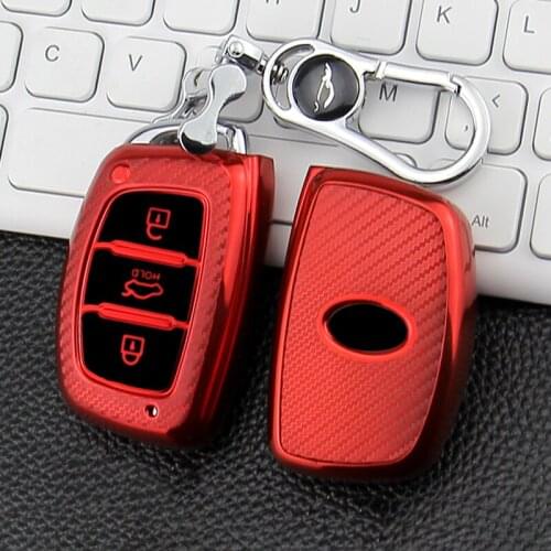 For Hyundai Creta I10 I20 Tucson Elantra Santa Fe TPU Carbon Fiber Car Remote Key Cover Case Bag Shell Holder Protector Keychain