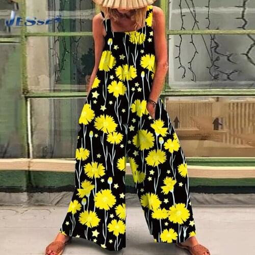 Summer Floral Print Long Pants Overalls 2021 Sleeveless Jumpsuits Backless Sling Playsuit For Party Beach Style Loose Bodysuits