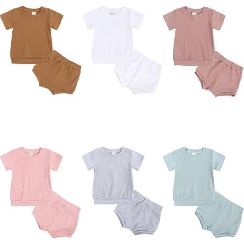 Summer Kids Baby Girls Clothes Casual Solid Color Boys Childrens Clothing Sets Ribbed T-Shirts+ Pants 2 Pieces Short For Girls