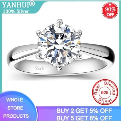 YANHUI Real 925 Sterling Silver Ring With Silver Certificate 1 Carat Narutal Zirconia Gem Anniversary Wedding Rings for women
