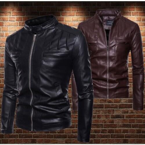 Stand collar motorcycle leather jacket men fashion clothes mens leather jackets loose short coats biker black brown S - 2XL
