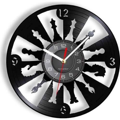 International Chess Laser Etched Vinyl Wall Clock 3, 6, 9, 12 Indicator Black and White Vinyl Record Timepieces Modern Wall Art