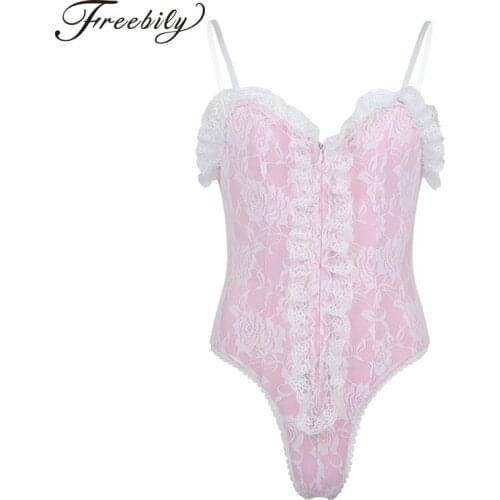 Mens Exotic Sissy Slim Lingerie Adjustable Spaghetti Shoulder Straps Sleepwear High Cut Ruffle Lace Teddy Bodysuit Nightwear
