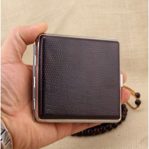 Mens Creative 20 Sticks Leather Cigarette Case with Rubber Band Brown Case Holder Metal Leather Holds Cigarette Box