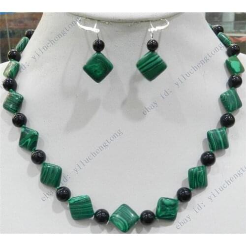 GREEN Natural MALACHITE & INDIA BLACK ROUND BEAD NECKLACE EARRING SET