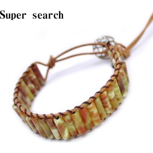 Natural Stone Single Leather Rope Wrap Bracelet Bohemian Bracelet Tube Shape Women Green Beaded Couples Bracelet Dropshipping