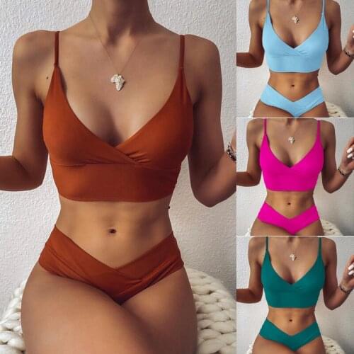 New Sexy 2021 Bikinis Brazilian Beach Wear Solid Color Swimsuits Women High Waist String Swimwear Bandeau V Neck Bikini Set