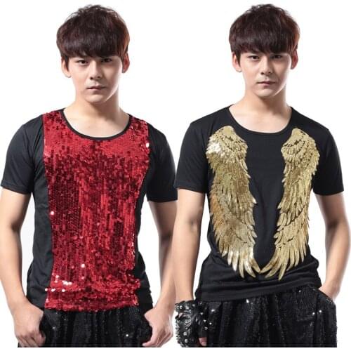 New Sequin Dance Tops Men Costume Gold Wings Pattern Red Shining DS Party Outfits Nightclub Show Singers Stage Clothes BL2098