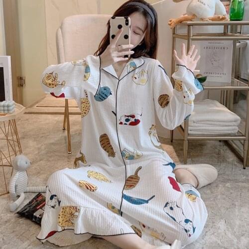 Cartoon Cat Print Sleepwear Nightgowns Kawaii Korean Loose Nightdress Long Sleeve Spring Homewear Ruffles Midi Dress Cotton