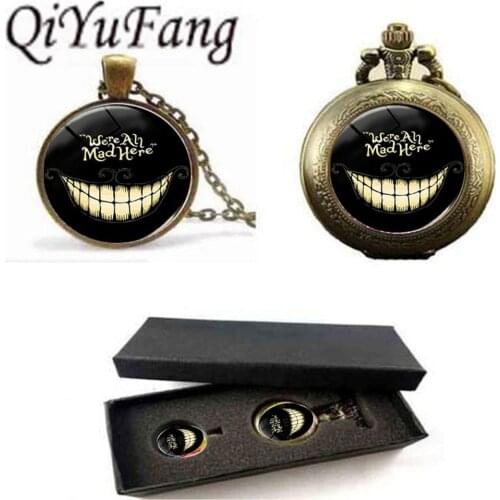 Alice in wonderland necklace cheshire cat We are all mad here pocket watch with free box bronze sliver choker children gift 2017