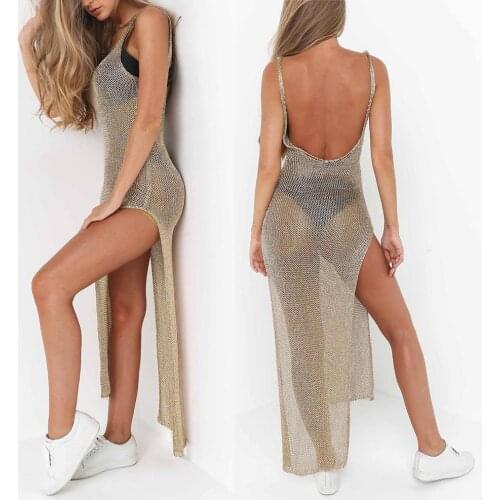 Sexy Women Solid Color See Through Sleeveless Side Split Bodycon Long Dress