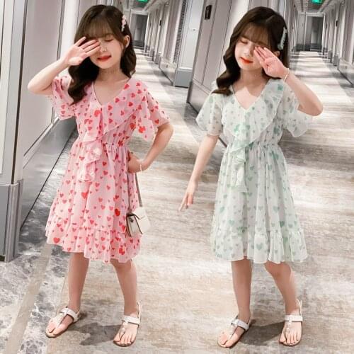Chiffon Summer Girls Dress 2020 New Arrivals Lovely Heart Kids Party Dresses for Girls V-neck Casual Children Princess Clothing