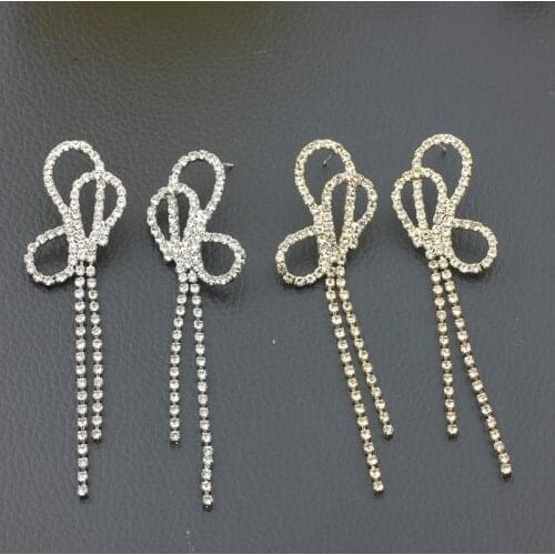 Temperament Female Simple Rhinestone Long Tassel Bowknot Dangle Earrings Europe and America Fashion Womens Jewelry Accessories