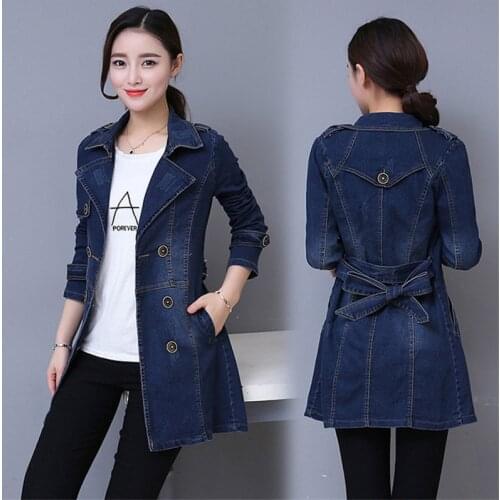 2020Long Denim Jacket Womens Double-breasted Denim Coat Whit Belt Ladies Autumn New Casual Slim Plus Size 3XL Windbreaker W944