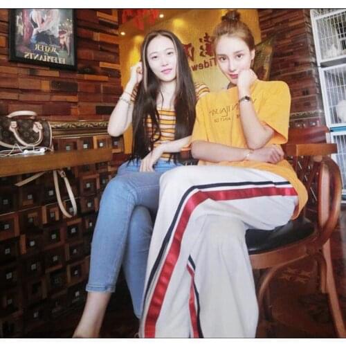 Womens New Arrival Rayon Flat Pants 2020 New High Waist Loose Straight Stripe Casual Split Hanging Ice Wide Leg Trousers Women