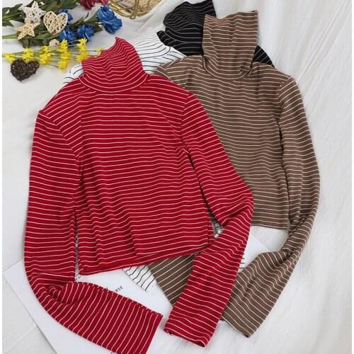 Harajuku Striped Turtleneck Tee Women T Shirt Spring Short Style Simple Female Tops Tee Shirts Fashion Long Sleeve Ladies TShirt
