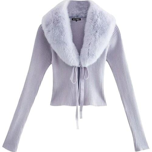 2021 New Women Fashion Faux Fur Patchwork Cropped Knitted Cardigan Sweater Vintage Tied V Neck Female Outerwear Chic Tops