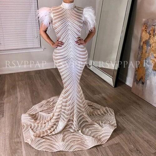 White Mermaid Evening Dresses 2021 Long Real Picture High Neck Sleeveless Feathers Sparkly Sequin African Women Party Gowns