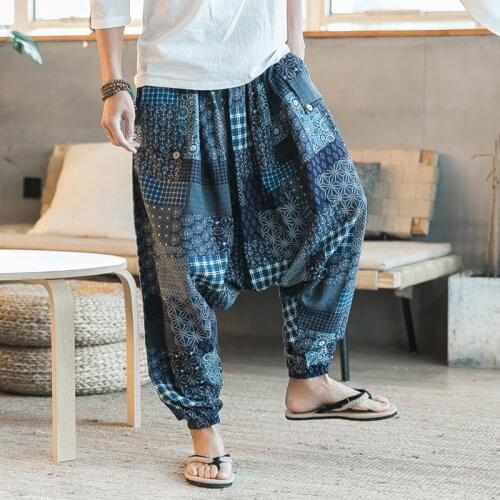 Men Harem Pants Drop Crotch Pockets Joggers Print Casual Trousers Men Loose Hip hop Baggy Boho Cotton Linen Wide Leg Pants