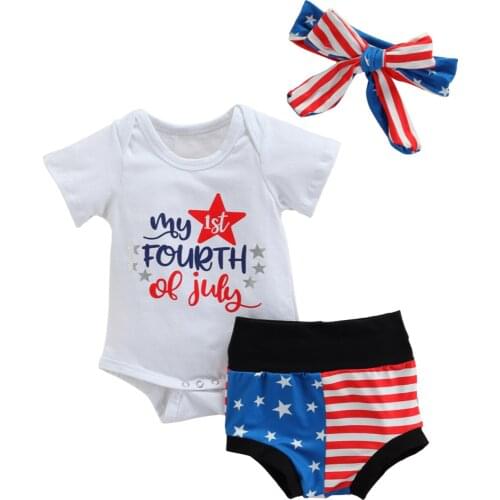 Independence Day Infant Newborn Baby Girls 3 Pcs Outfits Suits Letter Romper Tops + Star Stripe Printed Shorts + Headband Sets