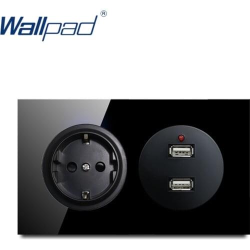 Wallpad EU German With 2 USB Charger 5V 2400MA Wall Power Socket Crystal Tempered Pure Black Glass Panel Outlet 146*86mm