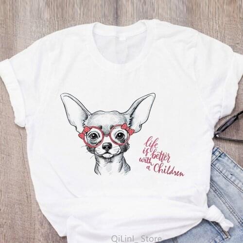 Harajuku Kawaii Chihuahua Print Tee Shirt Femme Funny T Shirts Women Summer Top Female Dog Lover Graphic Tshirt White T-Shirt