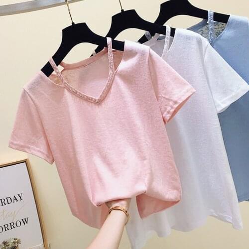 White Tshirt Women Tops Korea Style Summer V-Neck Female T-shirt Pink Tee Shirt Femme Short Sleeve Fashion 2021 clothes