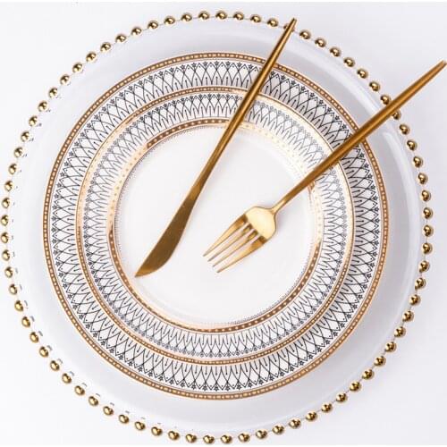 Ceramic Glass Plate European-style Beaded Gold-plated Porcelain Dessert Salad Plates for Fruit Dish Western Food 8inch Reusable