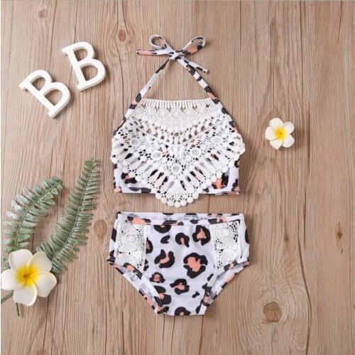 The New Little Girl 2 Children Pineapple Leopard Floral Split Swimsuit Sleeveless Lace Patchwork Sling Bikini Top + Shorts Set