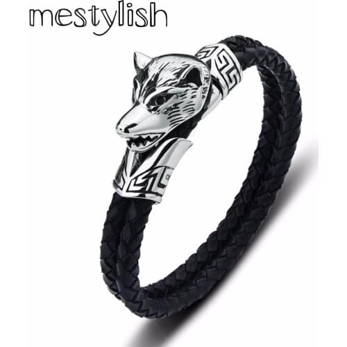 Mestylish New Arrival Stainless Steel Wolf head Bangles Two Circles Round Band Black Leather&Punk Rock Charms Men Bracelet