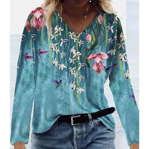 Fashion Womens Flower Printed Tshirt Fashion Long Sleeves V-neck Casual Loose Women Tee Shirts Tops Poleras Mujer #PY