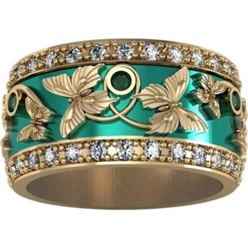 Fashion Gold Hollow Butterfly Pattern Ring for Women Lady Design Charm Green Zircon Butterfly Ring Elegant Wedding Jewelry Gift